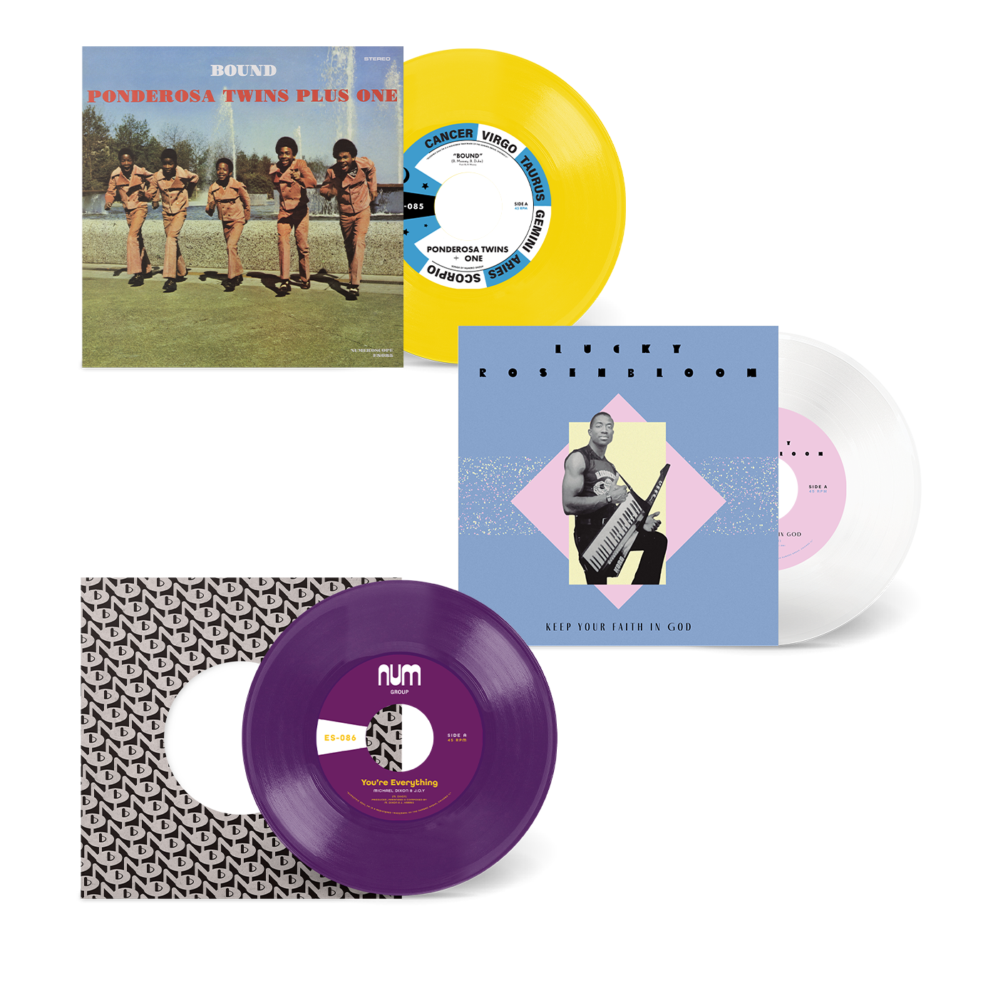 You're Everything b/w You're All I Need purple vinyl record with other colorful vinyl records and covers displayed nearby