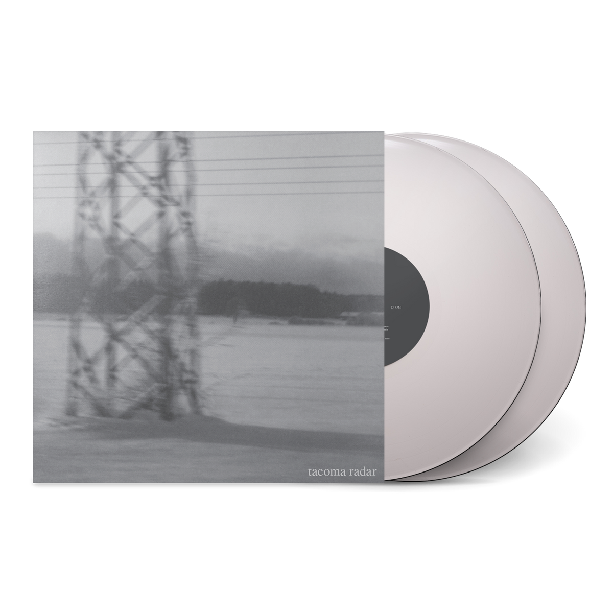Black and white album cover with power lines and white vinyl records for No One Waved Goodbye.