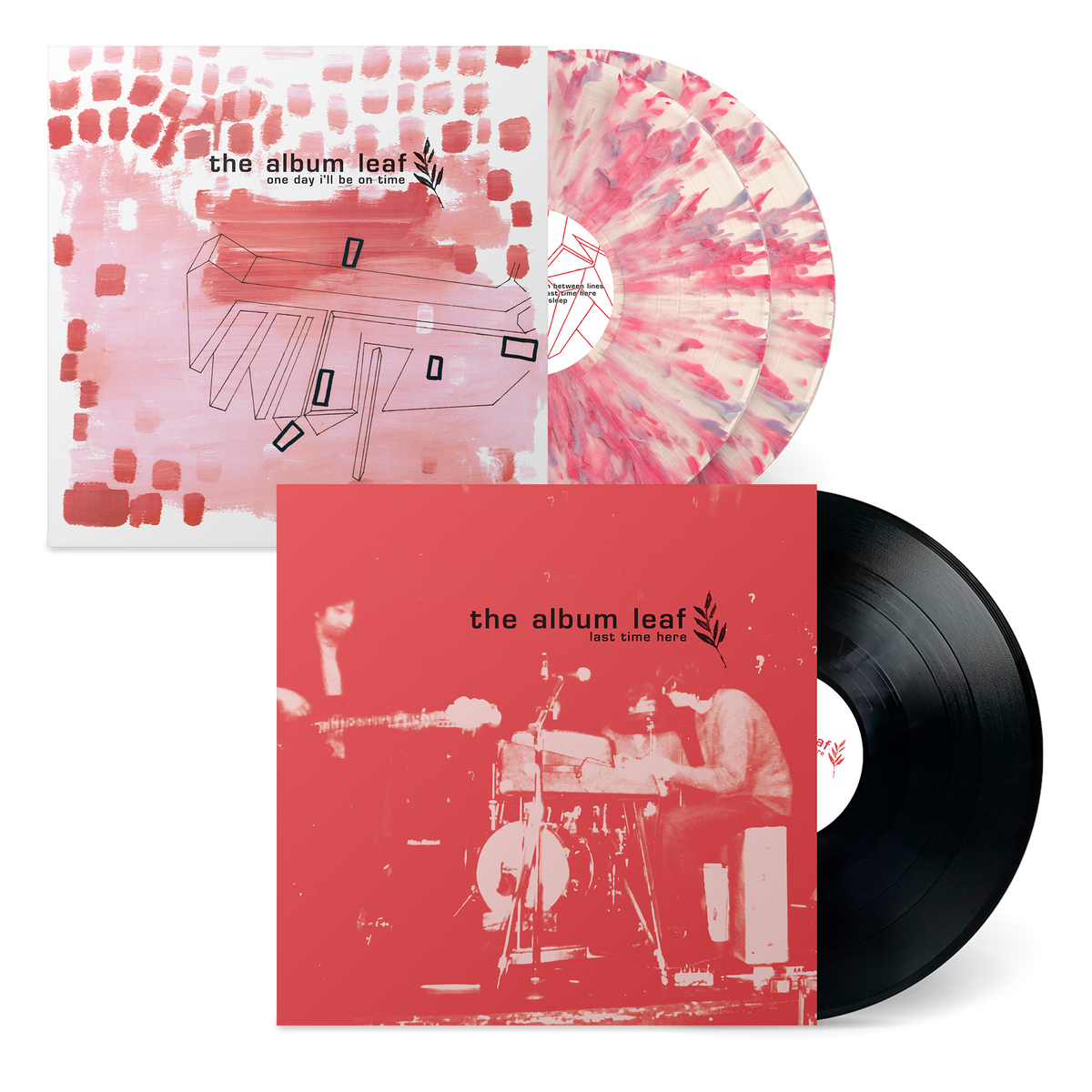 Vinyl records and cover art for One Day I'll Be On Time (25 Year Anniversary) featuring colorful and black vinyl editions.