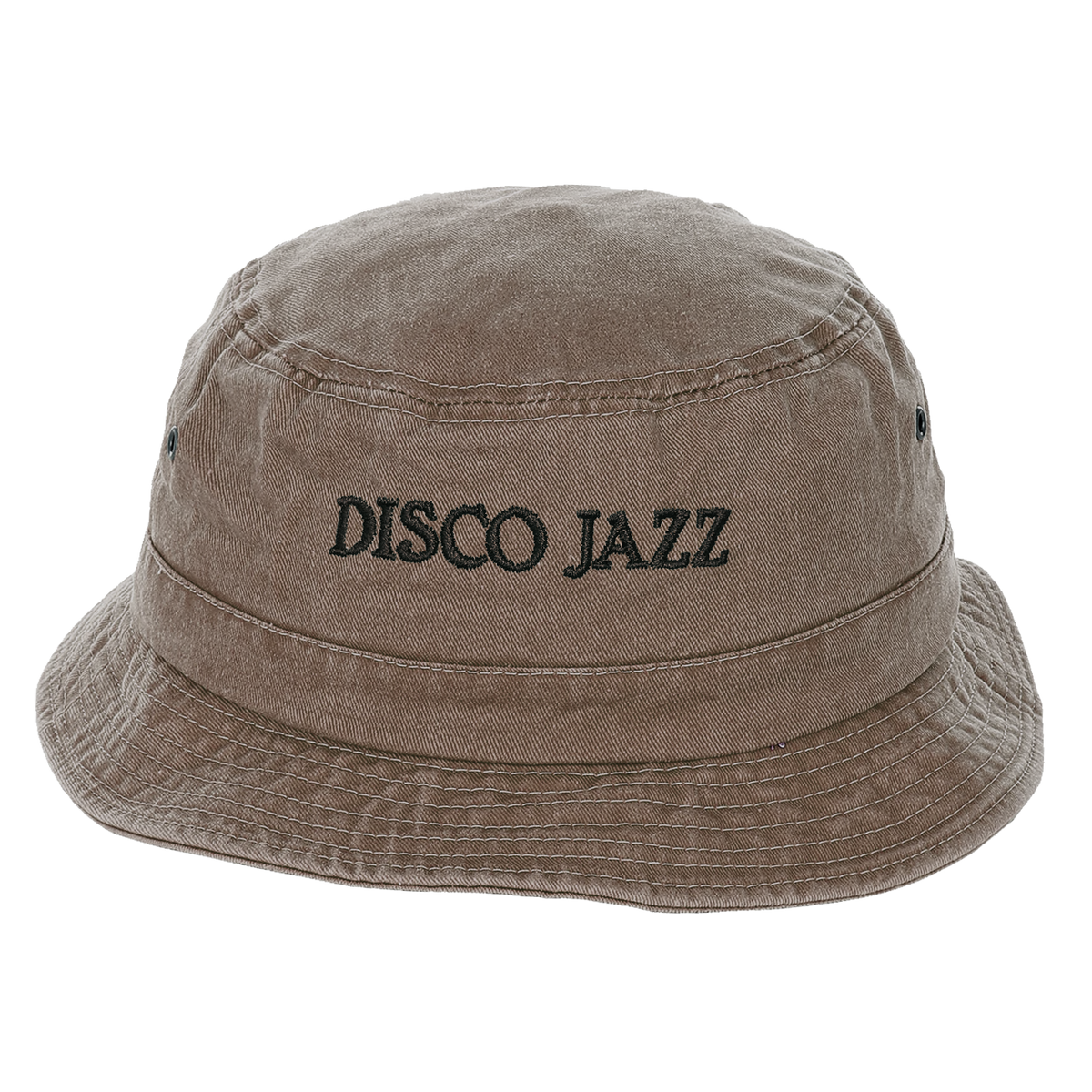 Disco Jazz Bucket Hat in a soft brown fabric with black embroidered "DISCO JAZZ" lettering on front