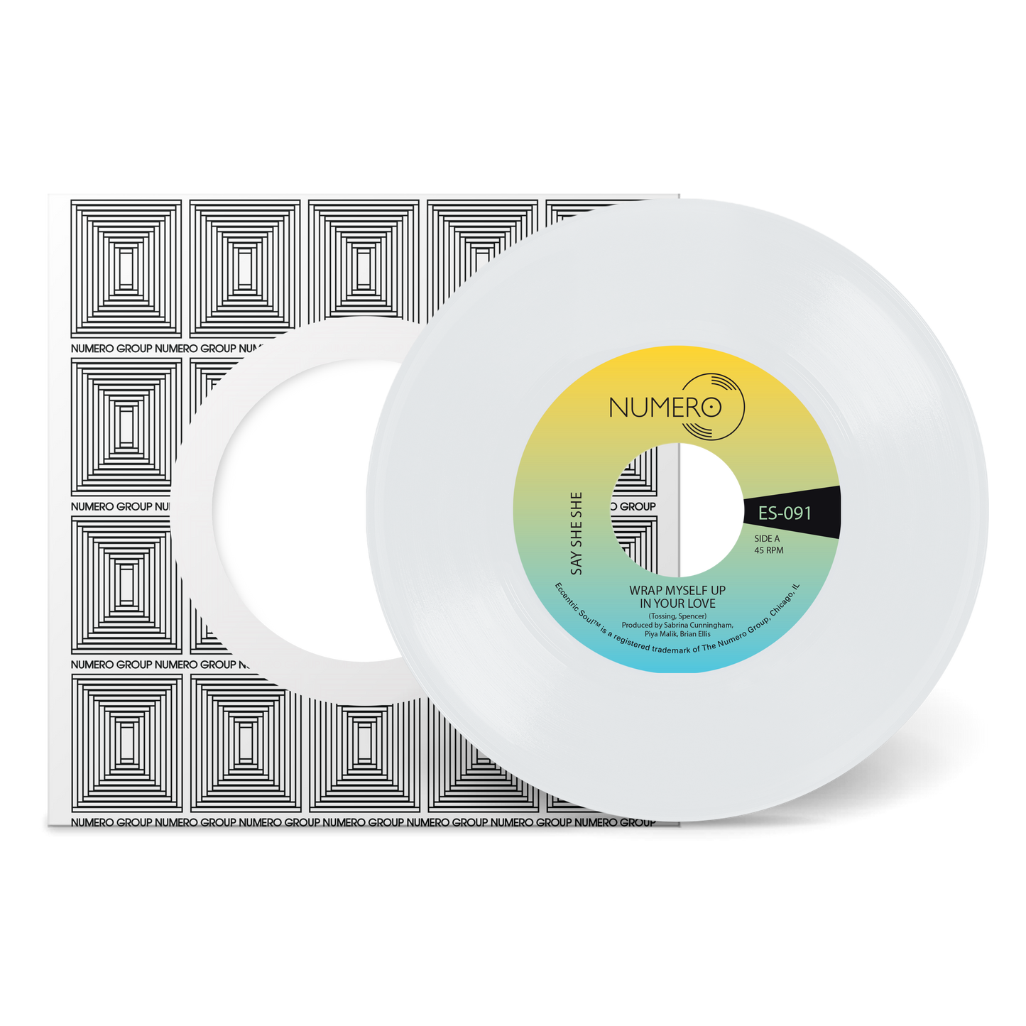 Wrap Myself Up In Your Love white vinyl record with colorful label and geometric patterned sleeve by Numero Group
