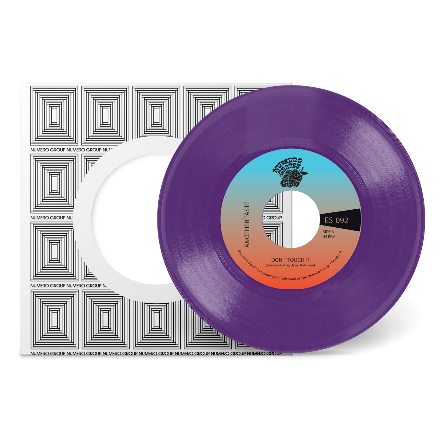 Purple vinyl record titled Don't Touch It with colorful label and black and white geometric sleeve by Numero Group