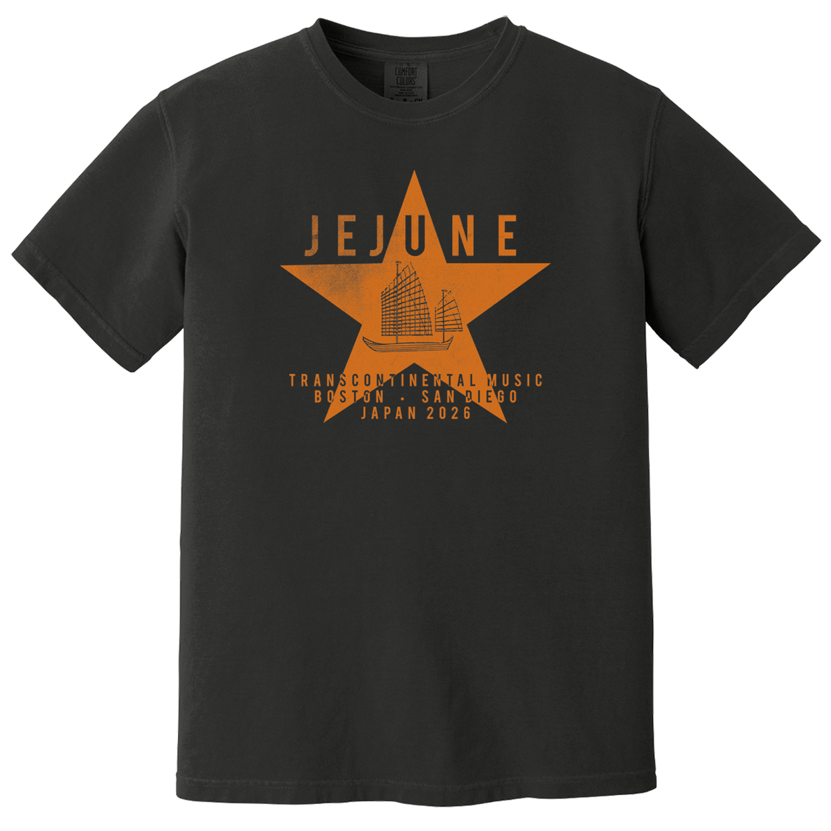 Black Transcontinental Music Tour T-Shirt featuring an orange star with cityscape and text for Boston, San Diego, Japan 2026