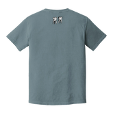 Cancel/Sing T-Shirt in muted blue with small white teeth graphic on the upper back, casual style shirt