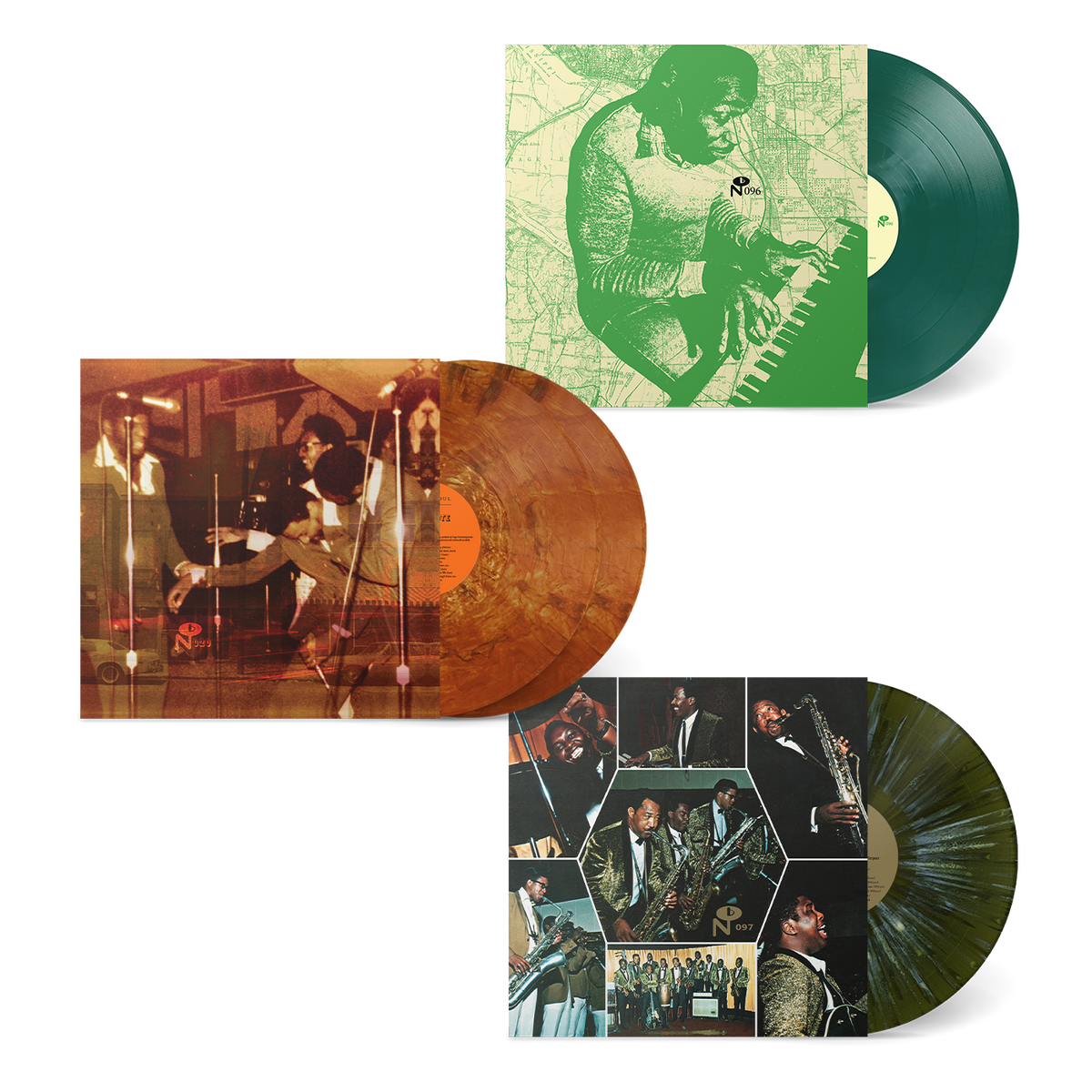 The 2024 Eccentric Bundle Part 1 featuring three rare vinyl records with unique colored marbled and solid designs.