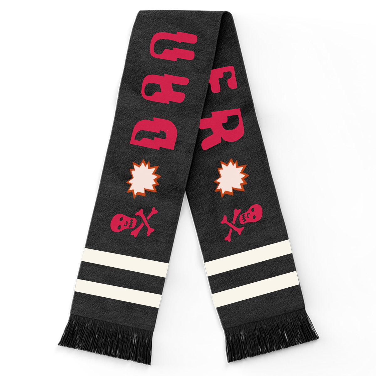 Black knit Danger Scarf with red letters, skull and crossbones, starburst symbols, and white stripes at ends