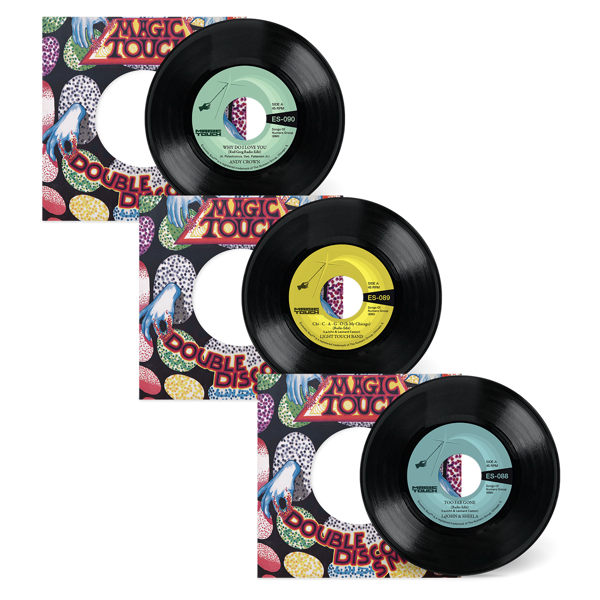 Black vinyl records with colorful Magic Touch Double Disco sleeve and label for Why Do I Love You (Red Greg Edit) b/w Why Do I Love You (Instrumental)