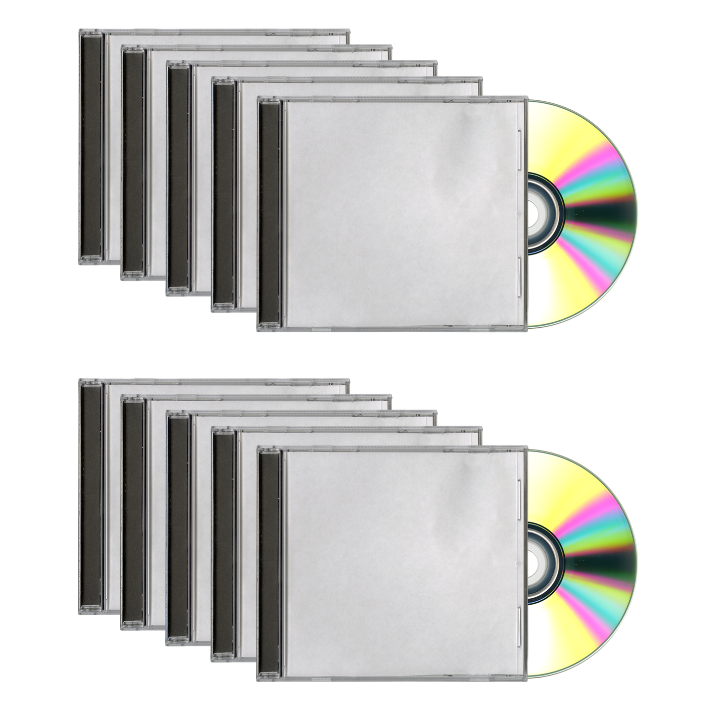 Set of eight CD cases with colorful CDs on a white background