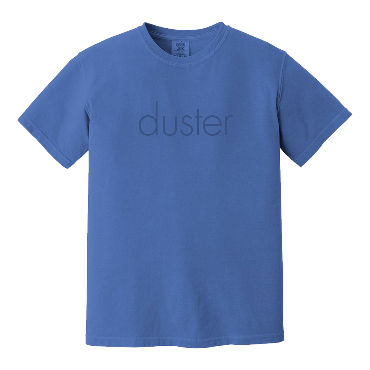 Blue T-shirt with subtle "duster" text printed on the front in a minimalist style.