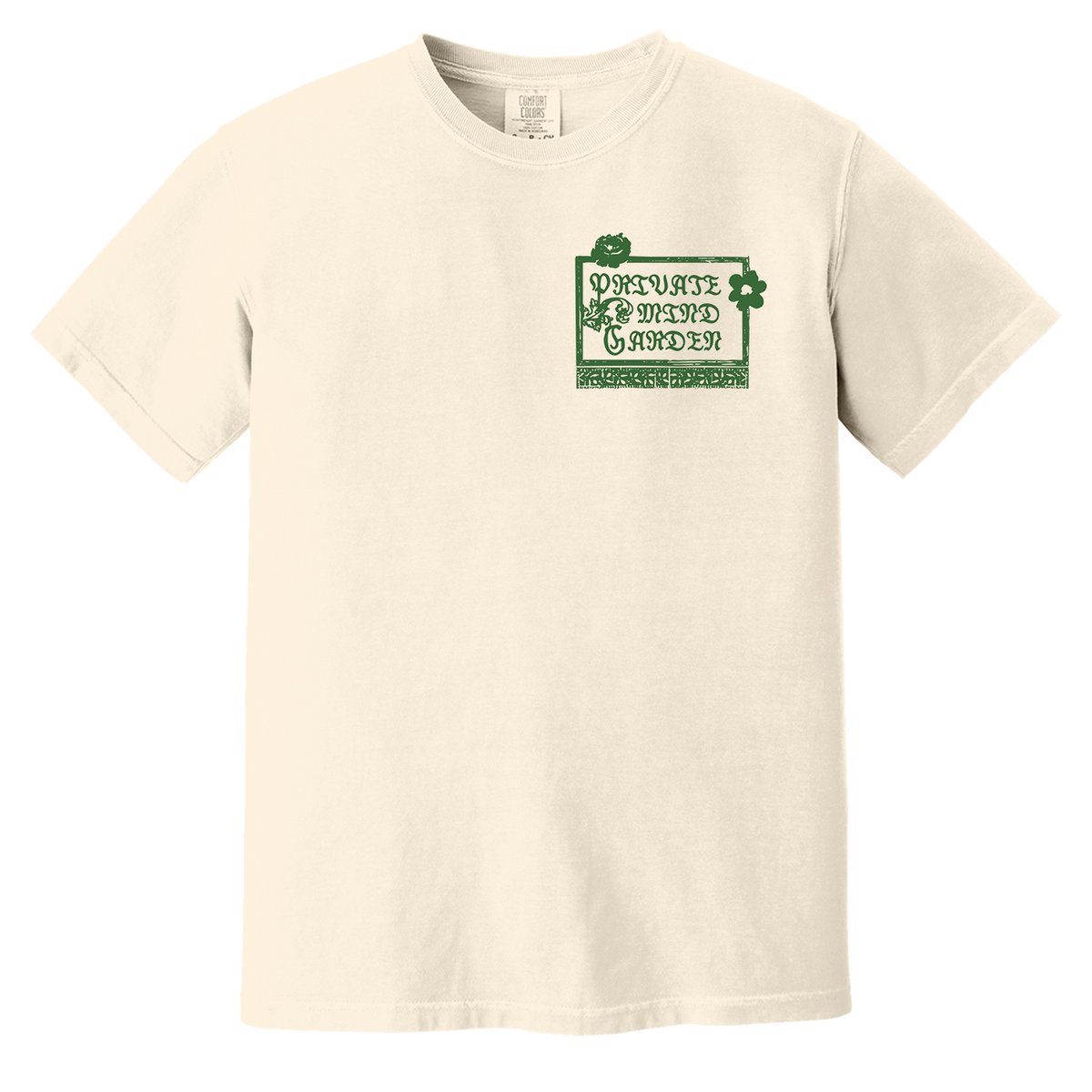 Cream-colored Private Mind Garden T-Shirt with small green vintage-style graphic on chest pocket area.