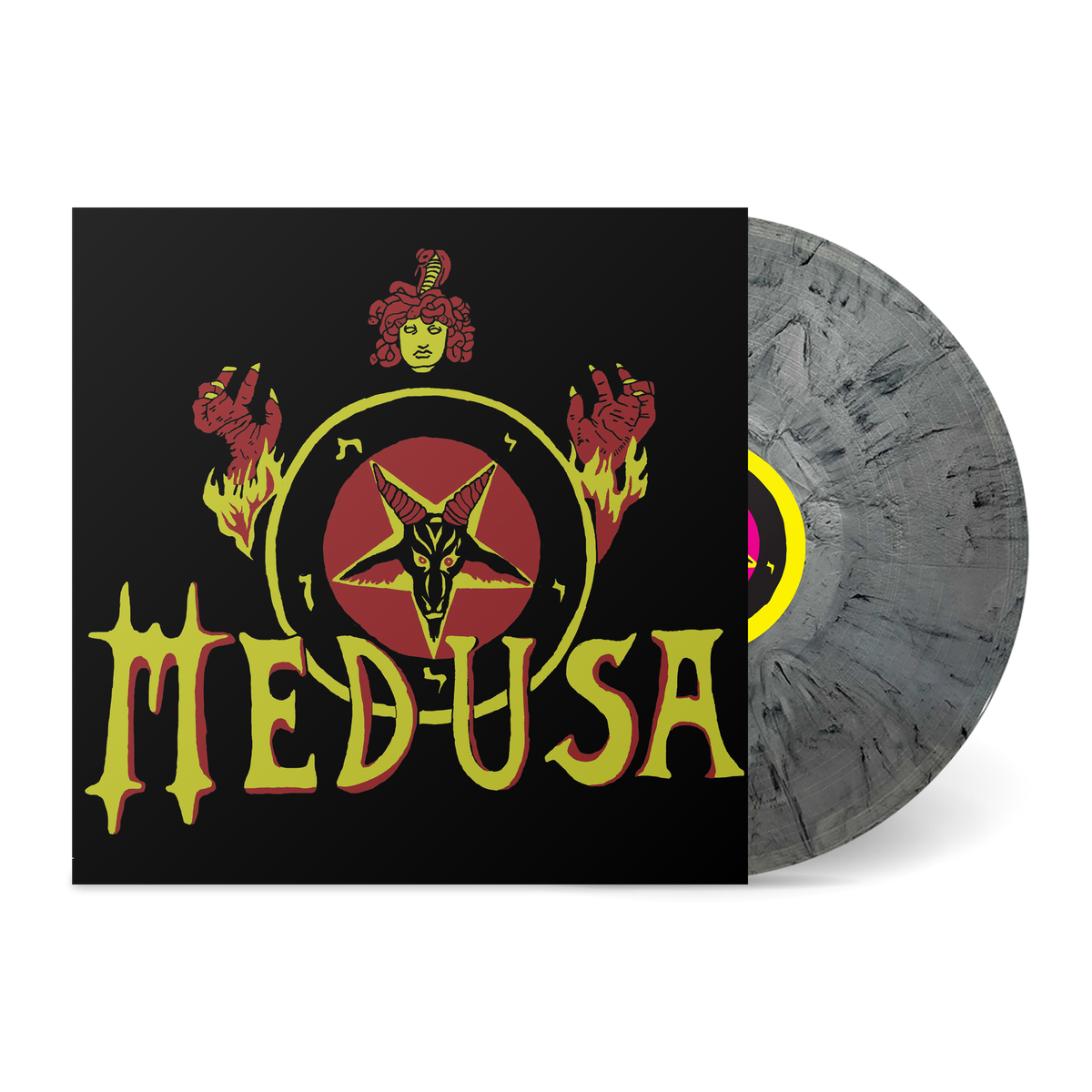 First Step Beyond vinyl record with Medusa cover art featuring a horned goat and fiery hands design