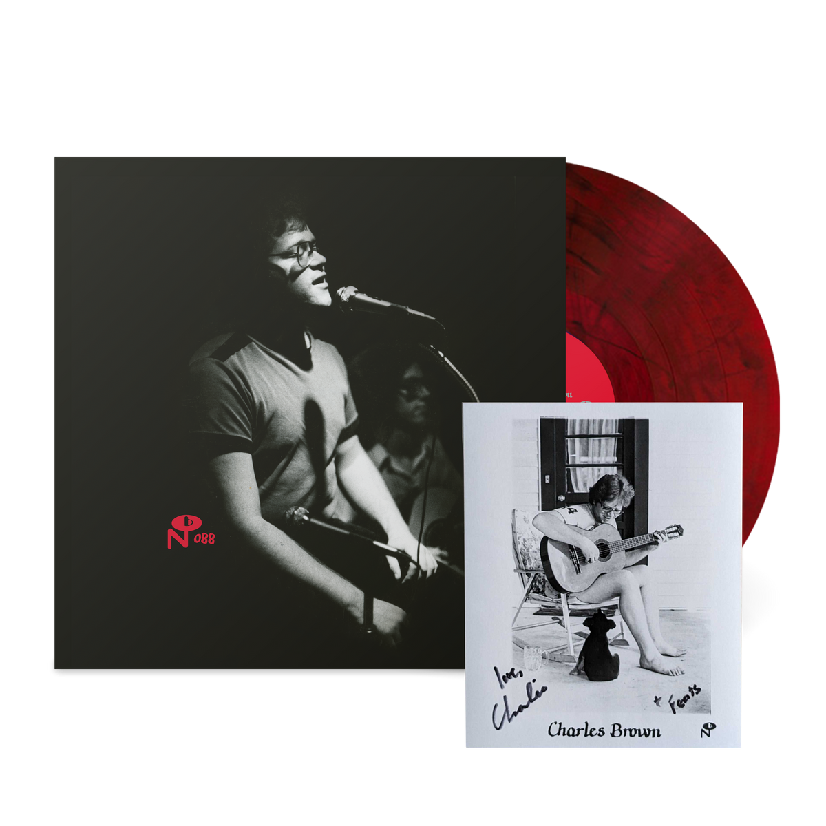 Black and white photo of singer performing with red vinyl record and photo of a person playing guitar with a cat "I Just Want To Talk To You