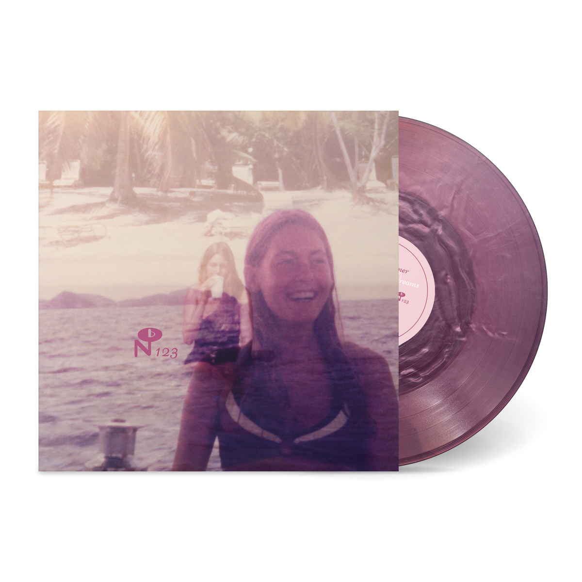 Lady Full Of Dreams vinyl record with purple translucent vinyl and beach-themed cover art featuring a smiling woman