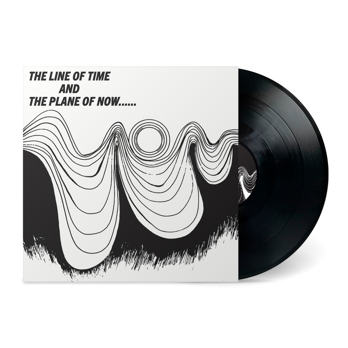 Black vinyl record partially out of a white cover with abstract black line art and the text The Line Of Time And The Plane Of Now