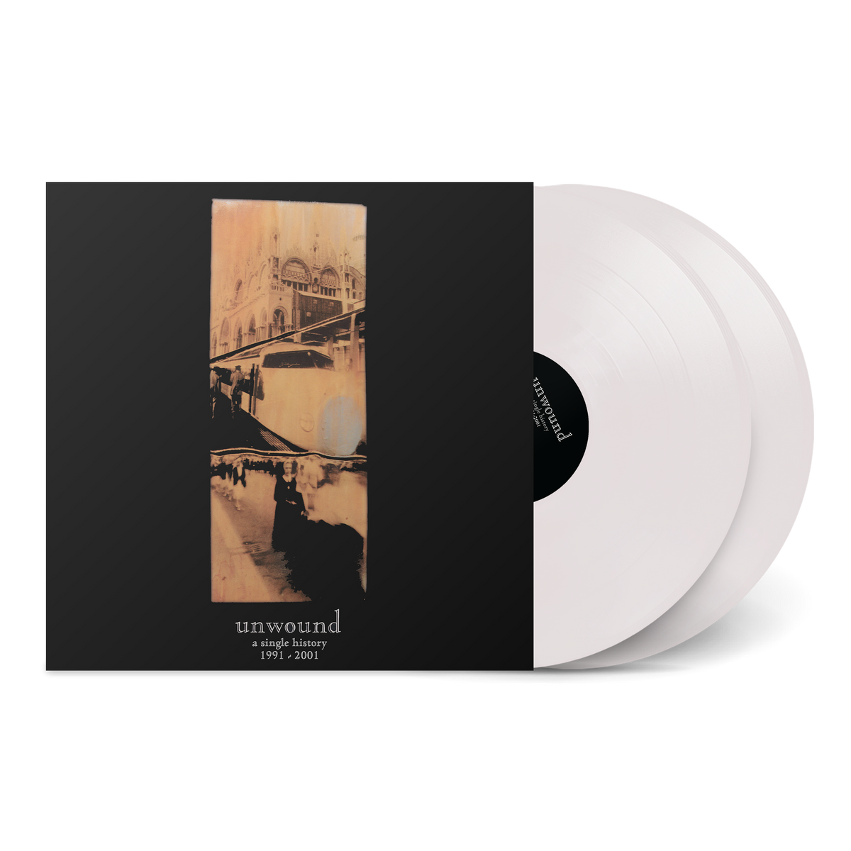 A white vinyl double record set titled A Single History 1991 - 2001 with abstract sepia cover art.