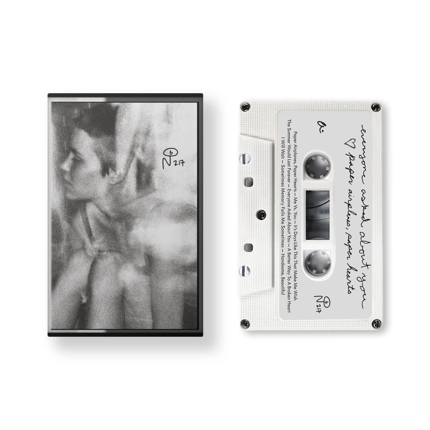Black and white cassette tape and case with blurred photo and handwritten text, featuring Paper Airplanes, Paper Hearts title
