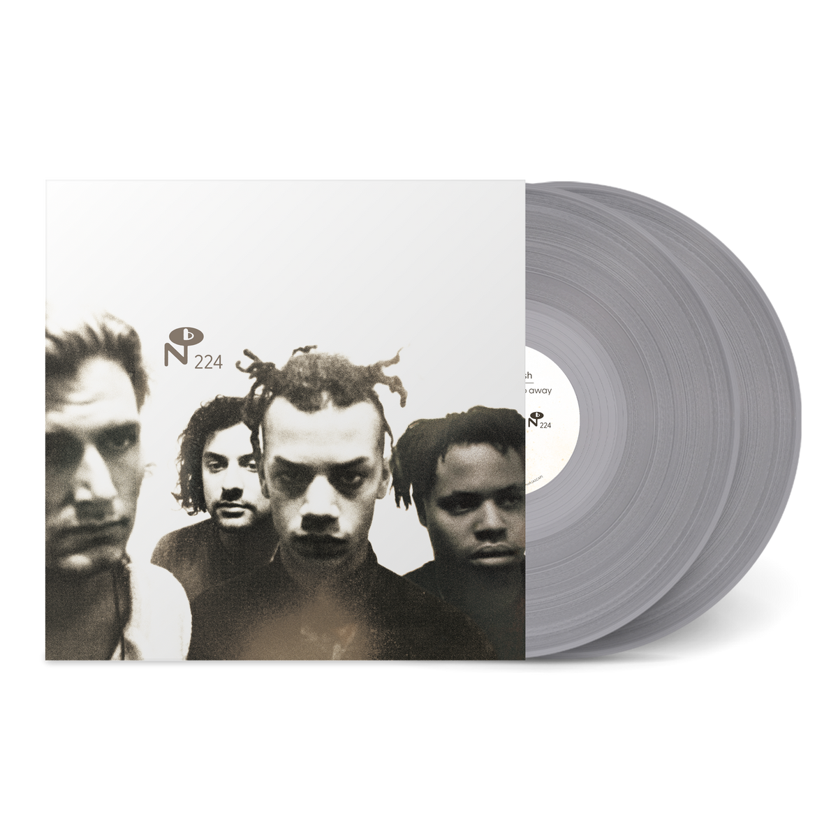Clear vinyl record partially out of sleeve featuring sepia-toned photo of four men for Butterflies Don't Go Away