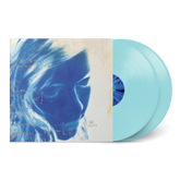 Vinyl record with a blue cover featuring an artistic design on a white background
