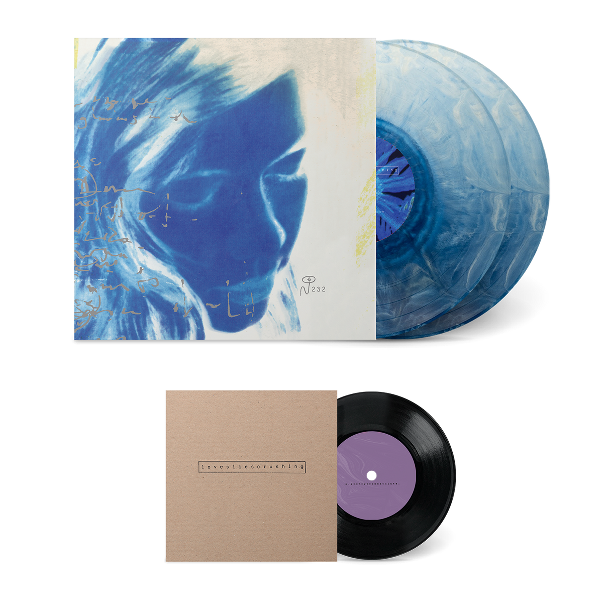 Bloweyelashwish vinyl deluxe bundle featuring blue marbled records and minimalist cover art with a woman's face.