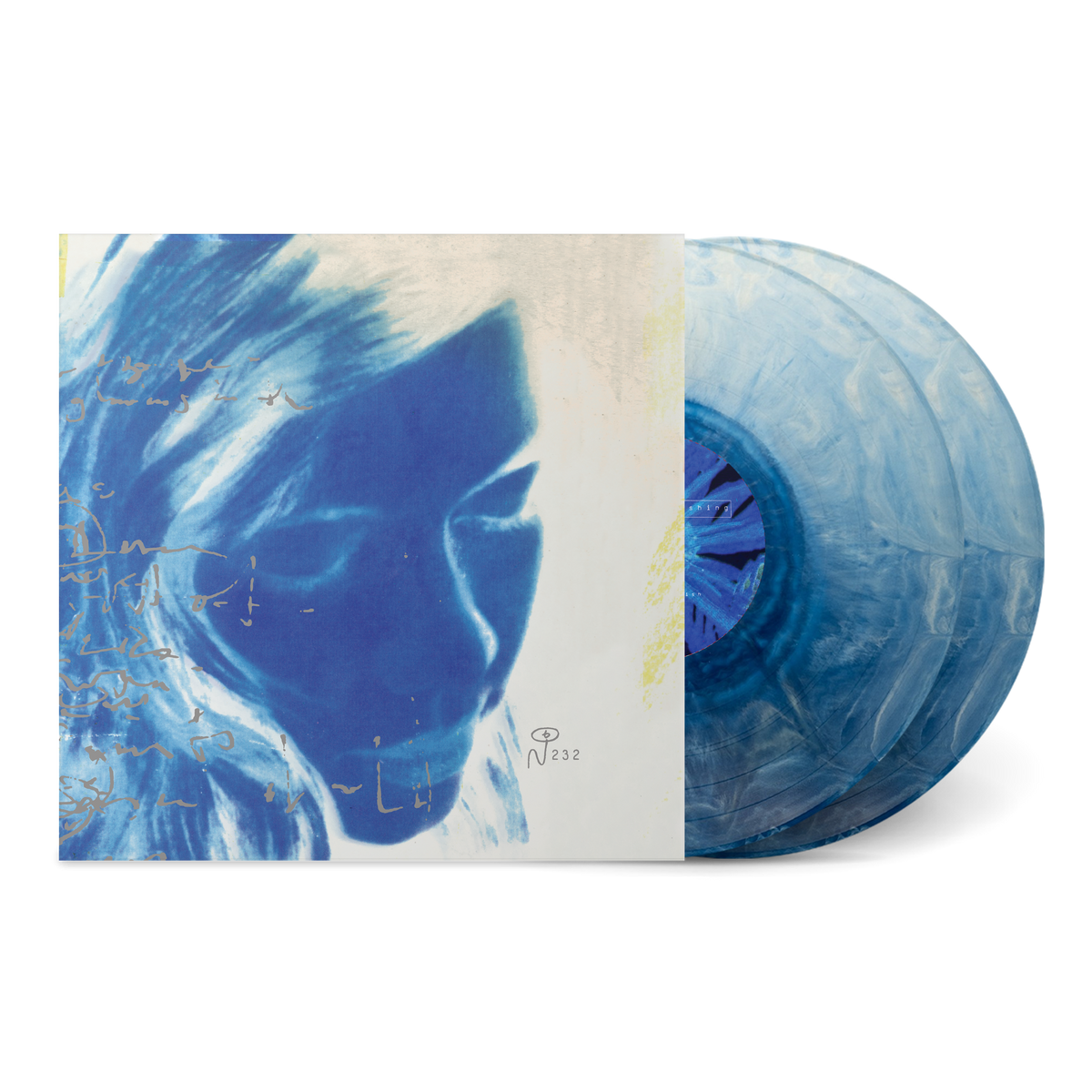 Bloweyelashwish vinyl record with blue marbled design and album cover featuring abstract blue portrait art