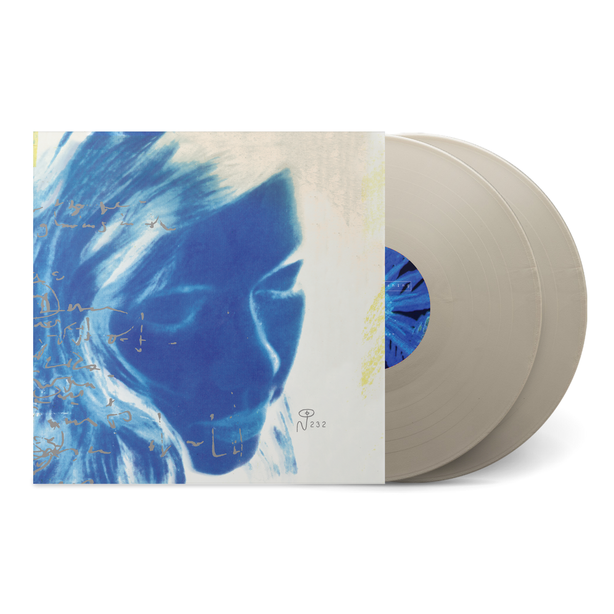 Bloweyelashwish album cover with a blue artistic female face illustration and two translucent vinyl records visible