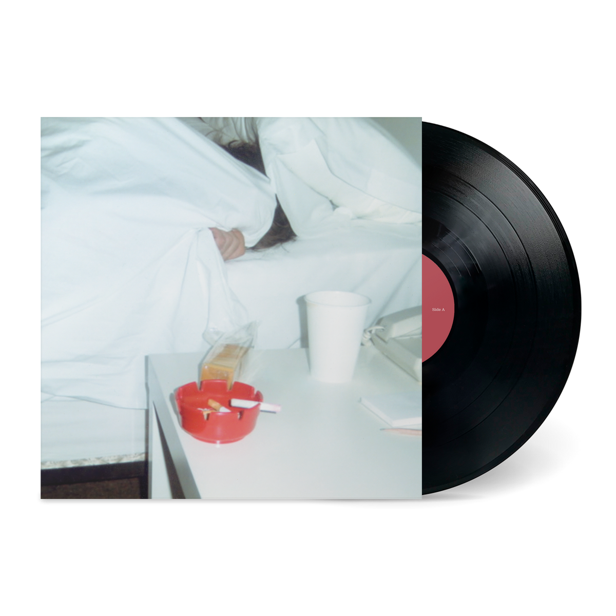 Vinyl record "Together" showing bed scene with white sheets, a red ashtray, disposable cup, and a phone on a white table