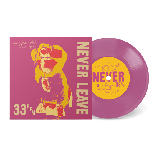 Purple vinyl record with yellow label and matching pink and yellow cover titled Never Leave by Numero Group