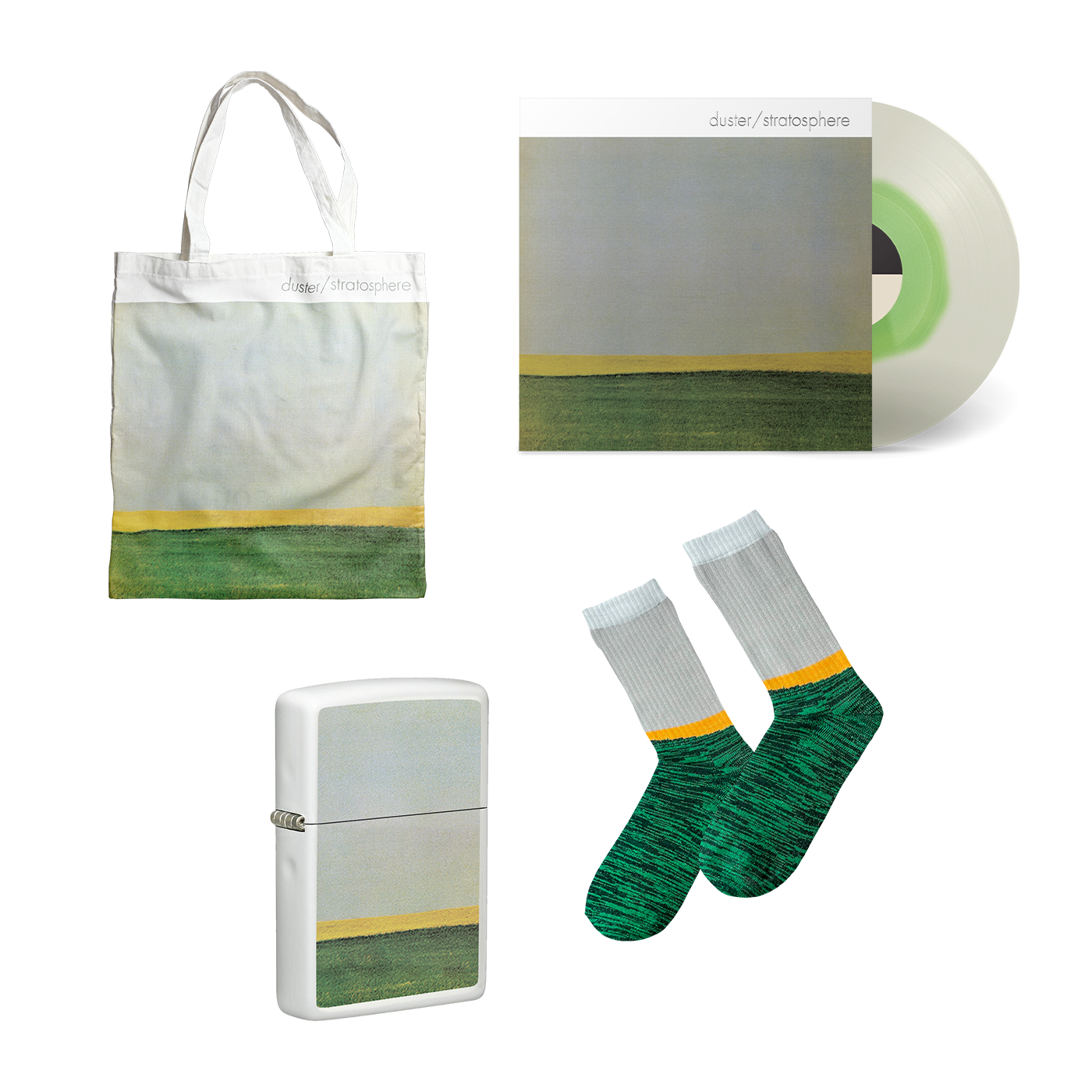 Stratosphere (25th Anniversary Edition) vinyl bundle with tote bag, lighter, and green patterned socks.