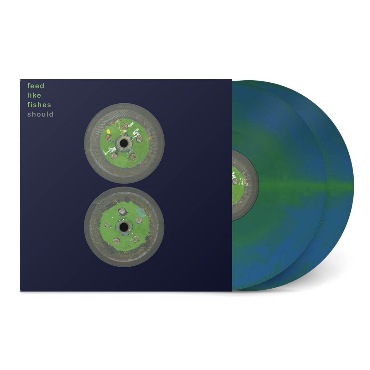 Feed Like Fishes vinyl record with green and blue marbled design and dark blue album cover featuring industrial wheels.