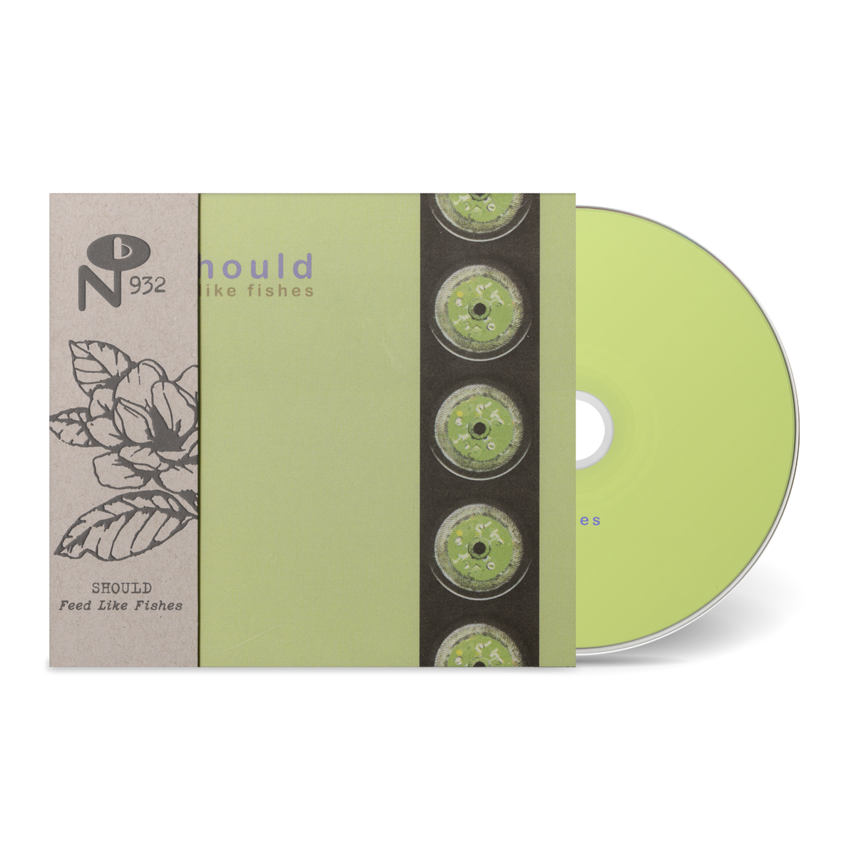 Feed Like Fishes album cover with green and beige tones, black floral illustration, and vinyl record design accents.