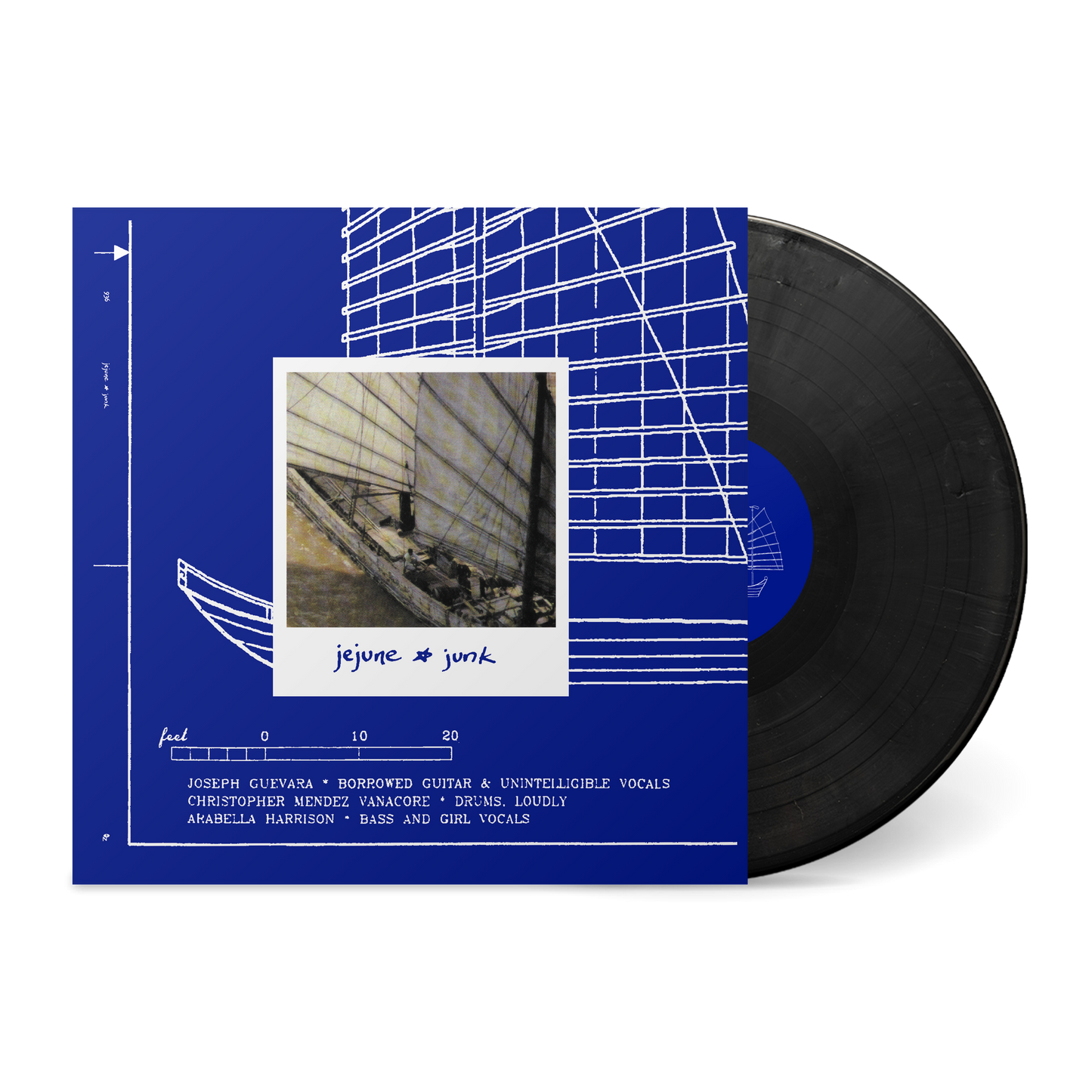 Black vinyl record partially visible with a blue cover featuring a boat blueprint and a photo labeled Junk by Jejune