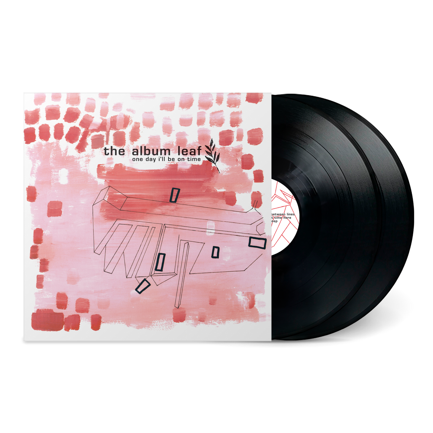 Vinyl record edition with abstract red and pink cover art for One Day I'll Be On Time (25 Year Anniversary)