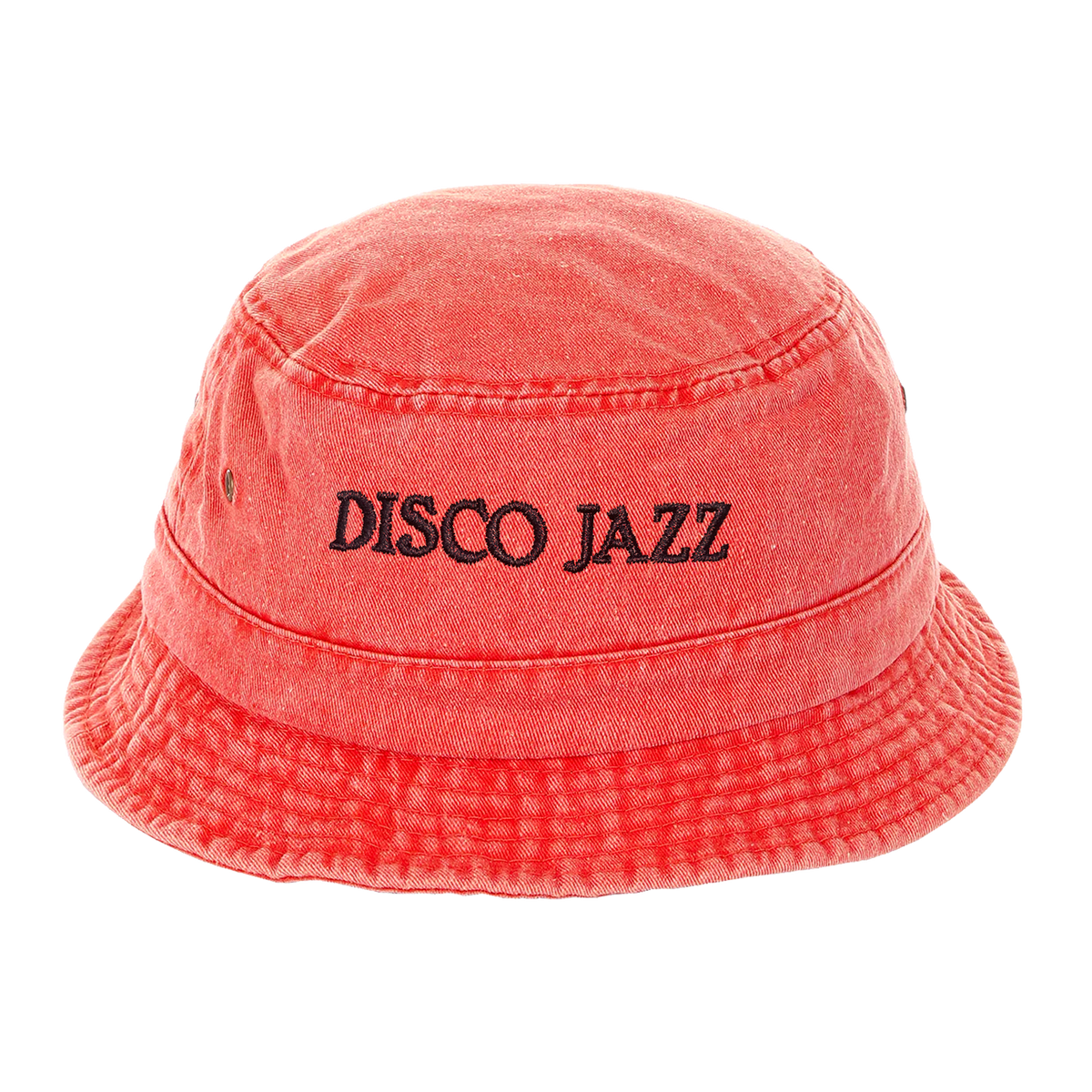 Disco Jazz Bucket Hat in vibrant orange with black embroidered text, featuring a relaxed fit and stitched brim design
