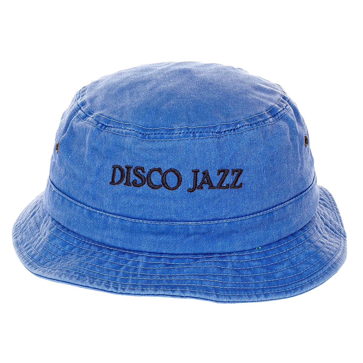Blue fabric Disco Jazz Bucket Hat with black embroidered text and stitched brim design