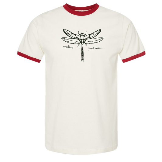 Endive Ringer T-Shirt with dragonfly illustration and red ringer collar and sleeve trim on cream fabric