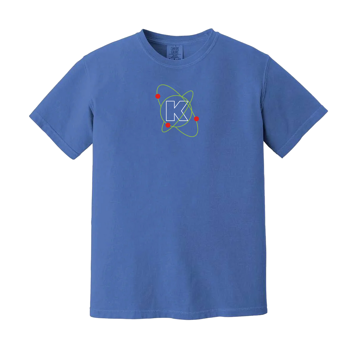 Atom T-shirt in blue with a stylized atomic design featuring a letter K and red orbiting dots