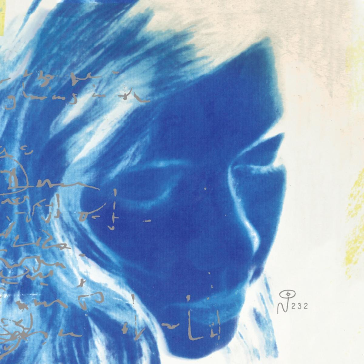 Abstract blue-toned portrait of a woman's face with handwritten text overlay on a light background, Bloweyelashwish
