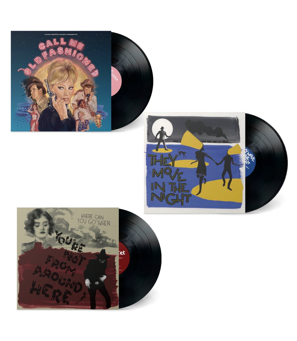Triple Feature Bundle showing three vinyl records with unique artistic covers including Call Me Old Fashioned and They Move in the Night