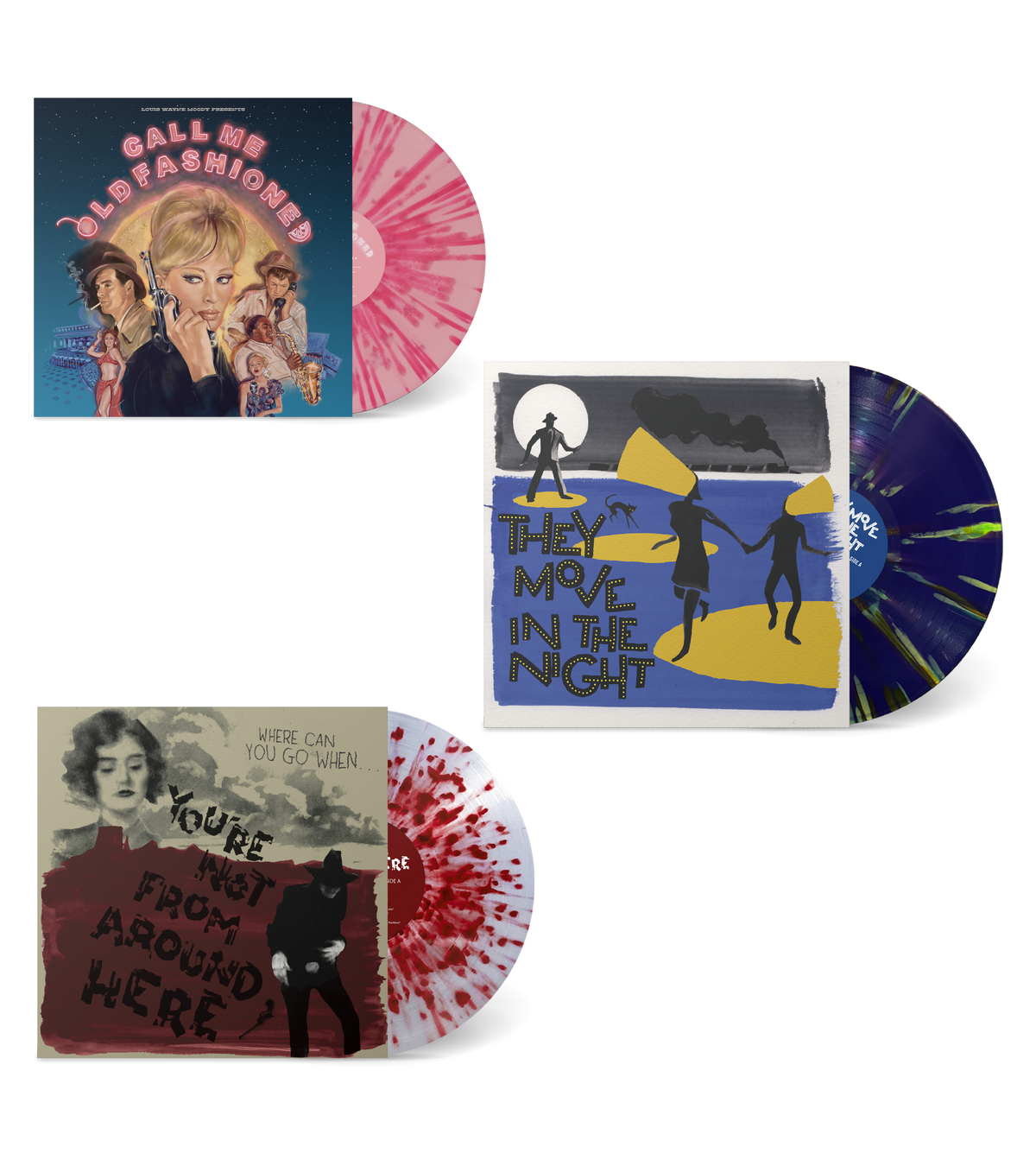 Triple Feature Bundle showing three colorful vinyl records and their illustrated album covers from Numero Group.