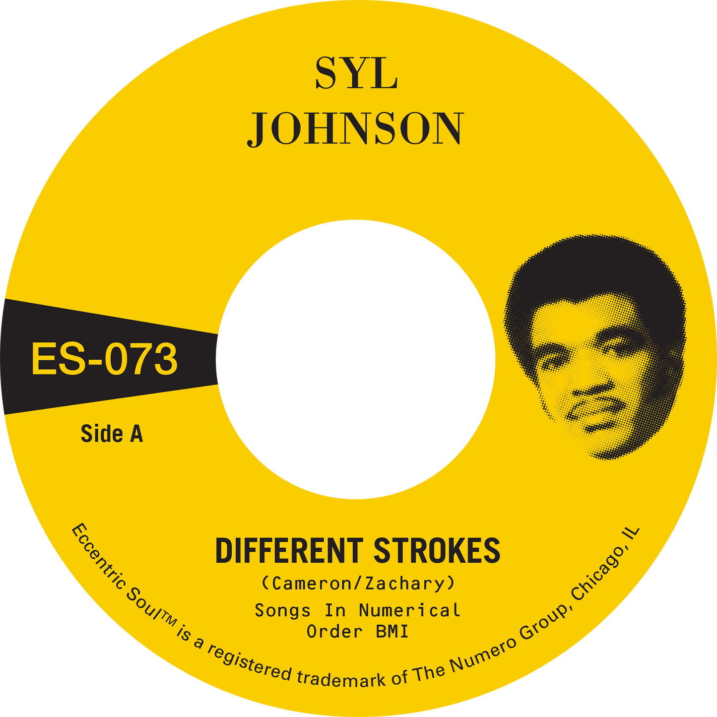 Different Strokes b/w Is It Because I'm Black vinyl record label with Syl Johnson portrait and yellow background.
