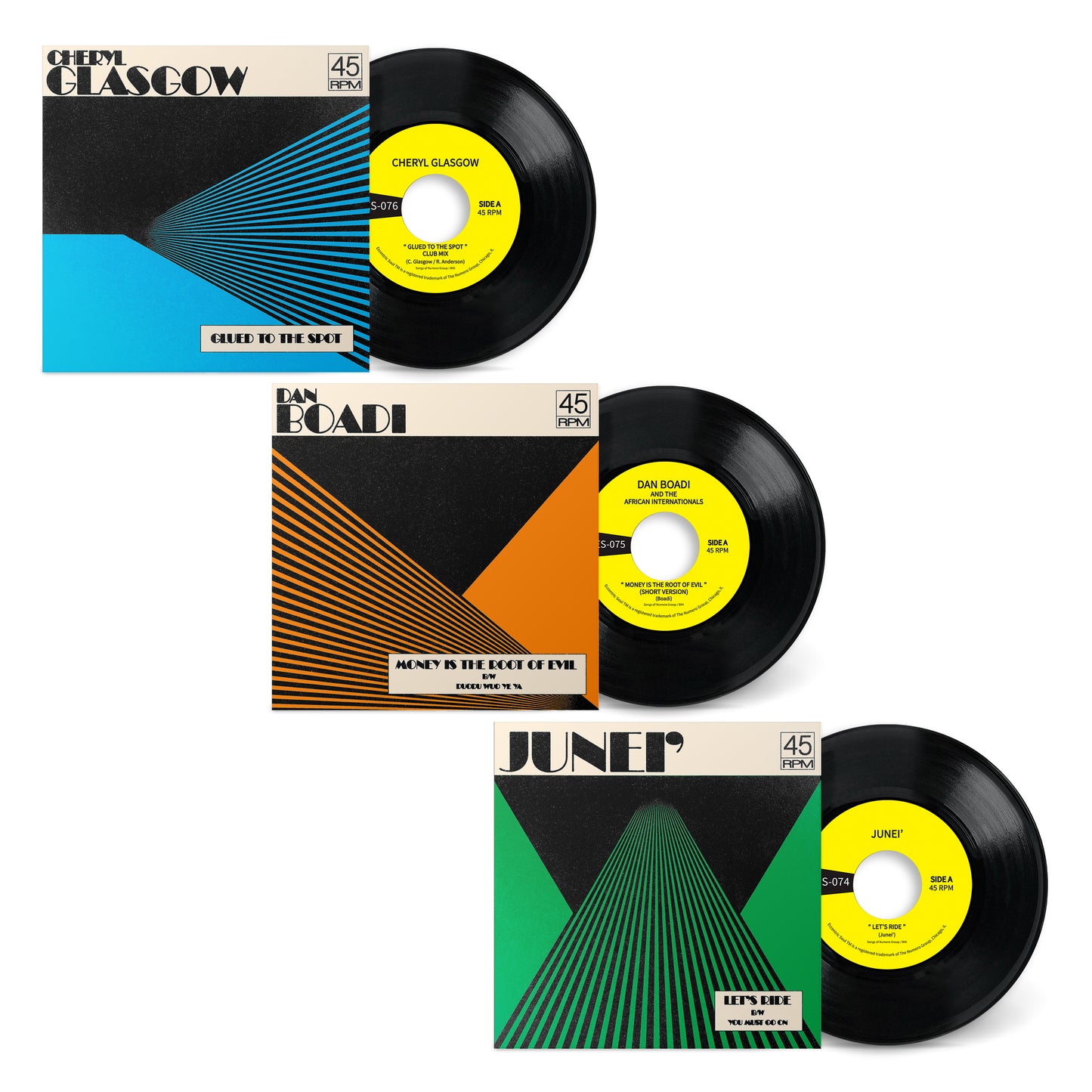 Eccentric Soul 7" Bundle 2022 featuring three rare 7-inch vinyl records with colorful geometric covers and yellow labels