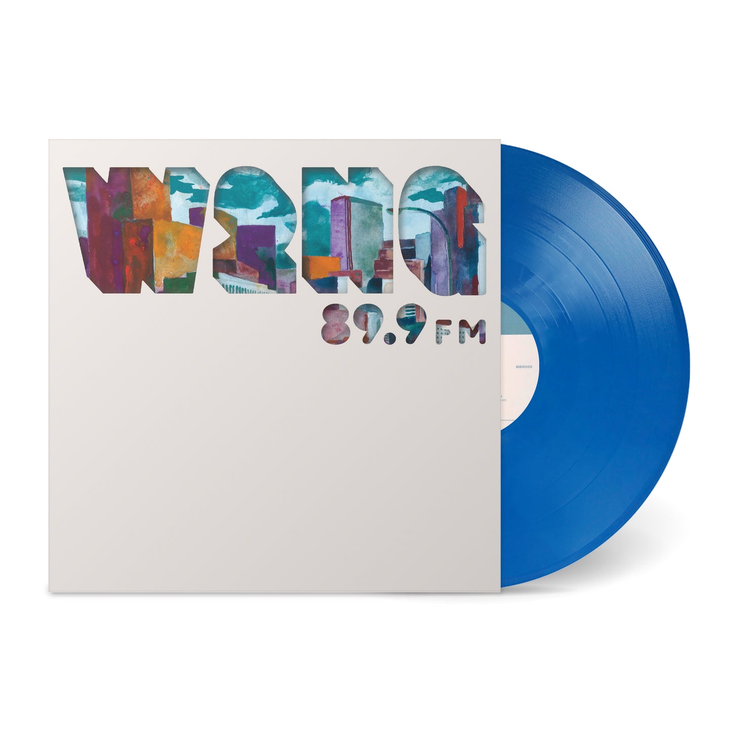Blue vinyl record partially visible in a white sleeve with colorful "89.9FM" text cutout design titled 89.9FM