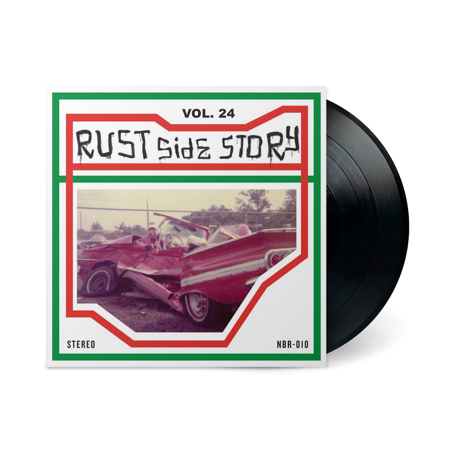 Vintage style vinyl record titled Vol. 24 with a damaged red car on the cover, stereo edition