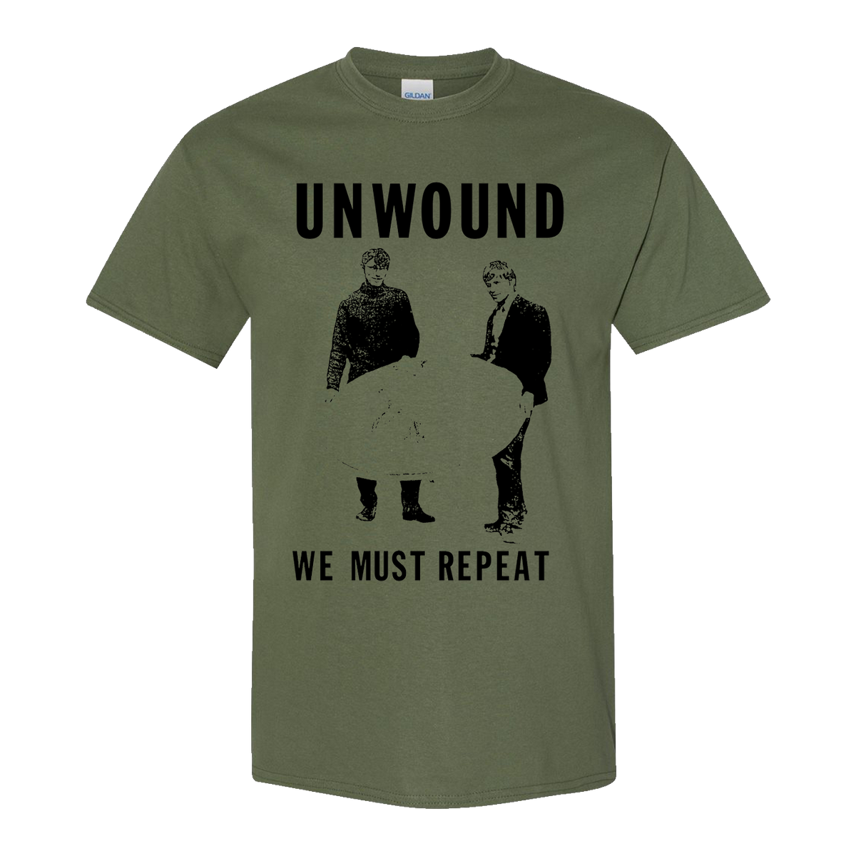Repetition T-Shirt featuring two men and bold text "UNWOUND" and "WE MUST REPEAT" on an olive green fabric.