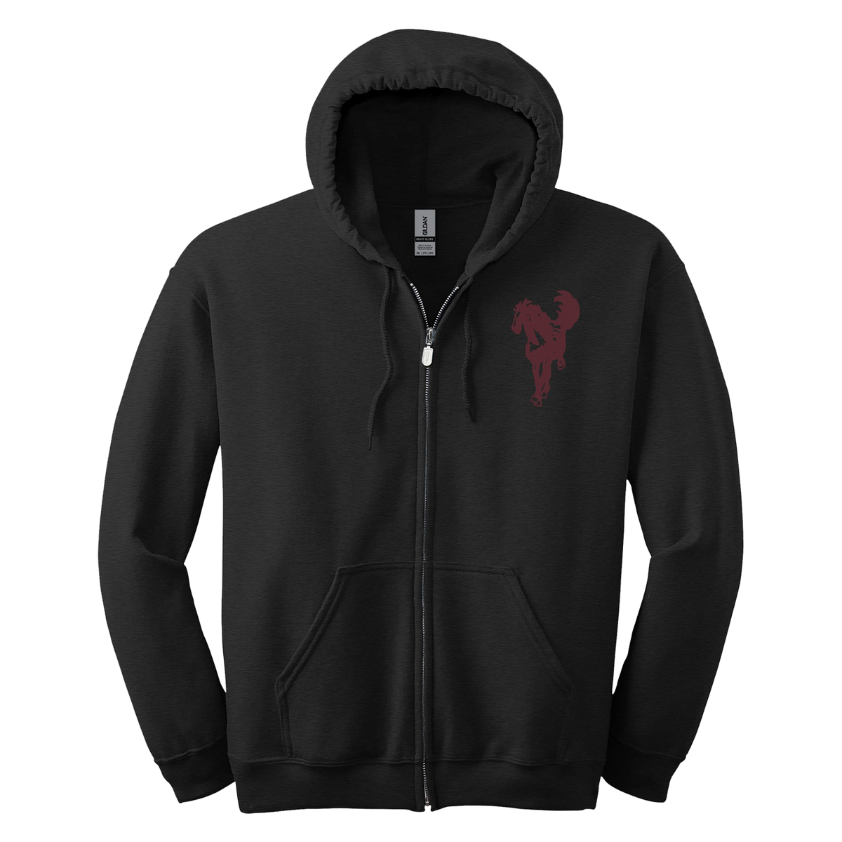 Unwound Leaves Zip Hoodie in black with front zipper and subtle maroon abstract leaf design on chest area