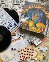 Board Game featuring illustrated box, vinyl records, game cards, dice, and detailed map setup for play.