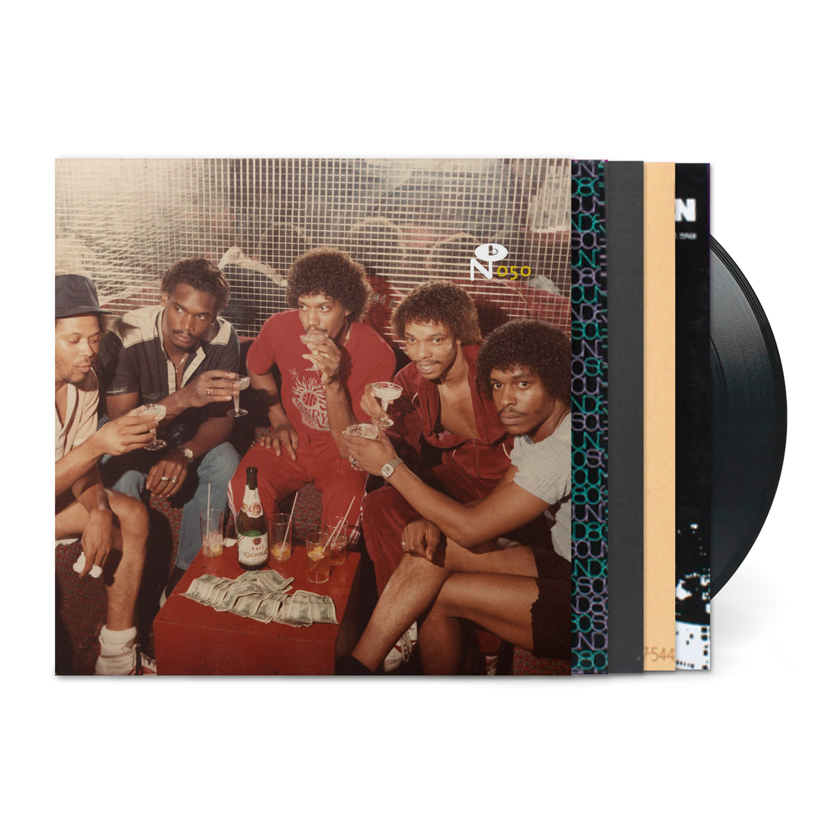 Group of five men drinking and socializing around a table with cash and drinks on the cover of Forecasting The Minneapolis Sound vinyl record.