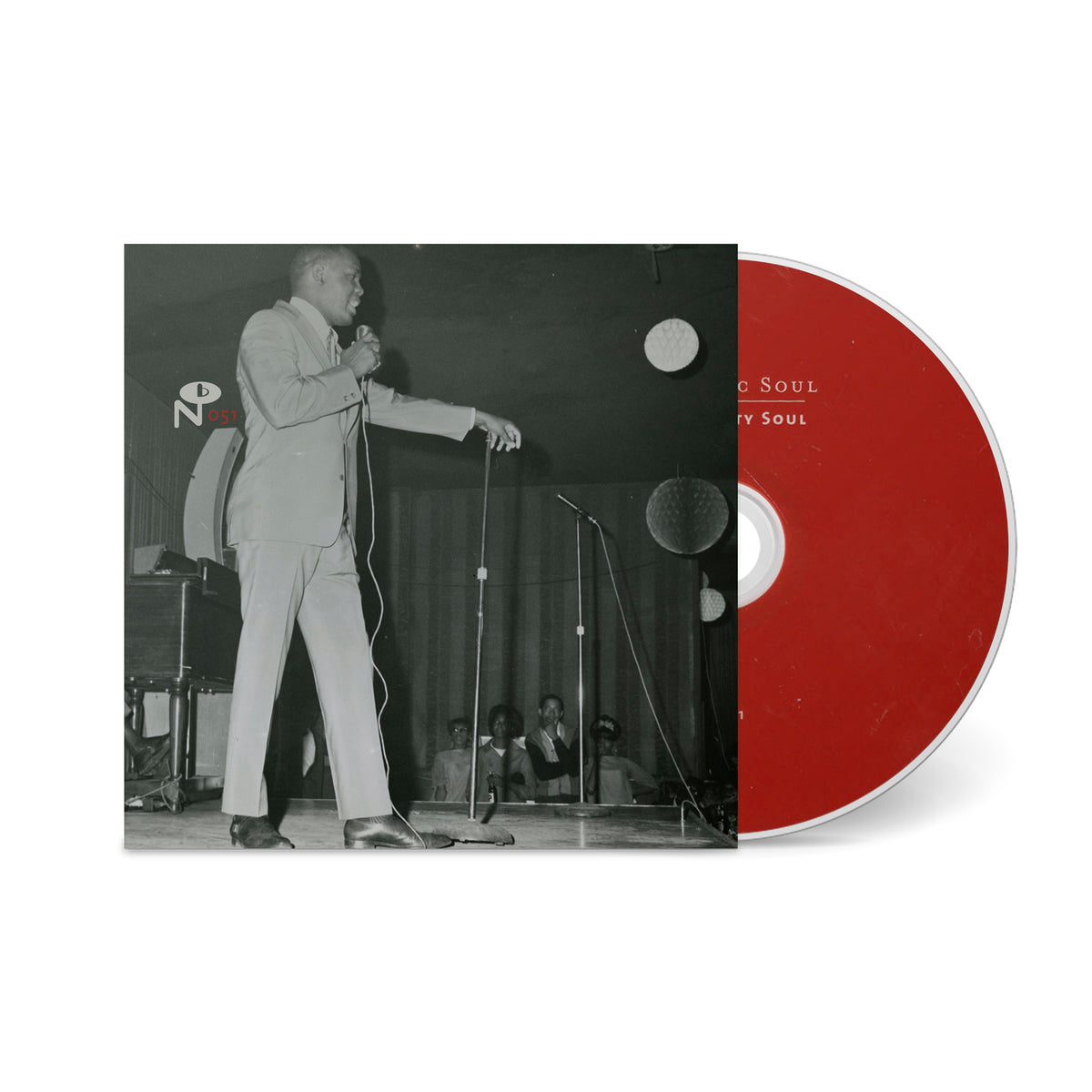 Vintage black and white image of a man singing onstage with a red CD next to the Capitol City Soul album cover