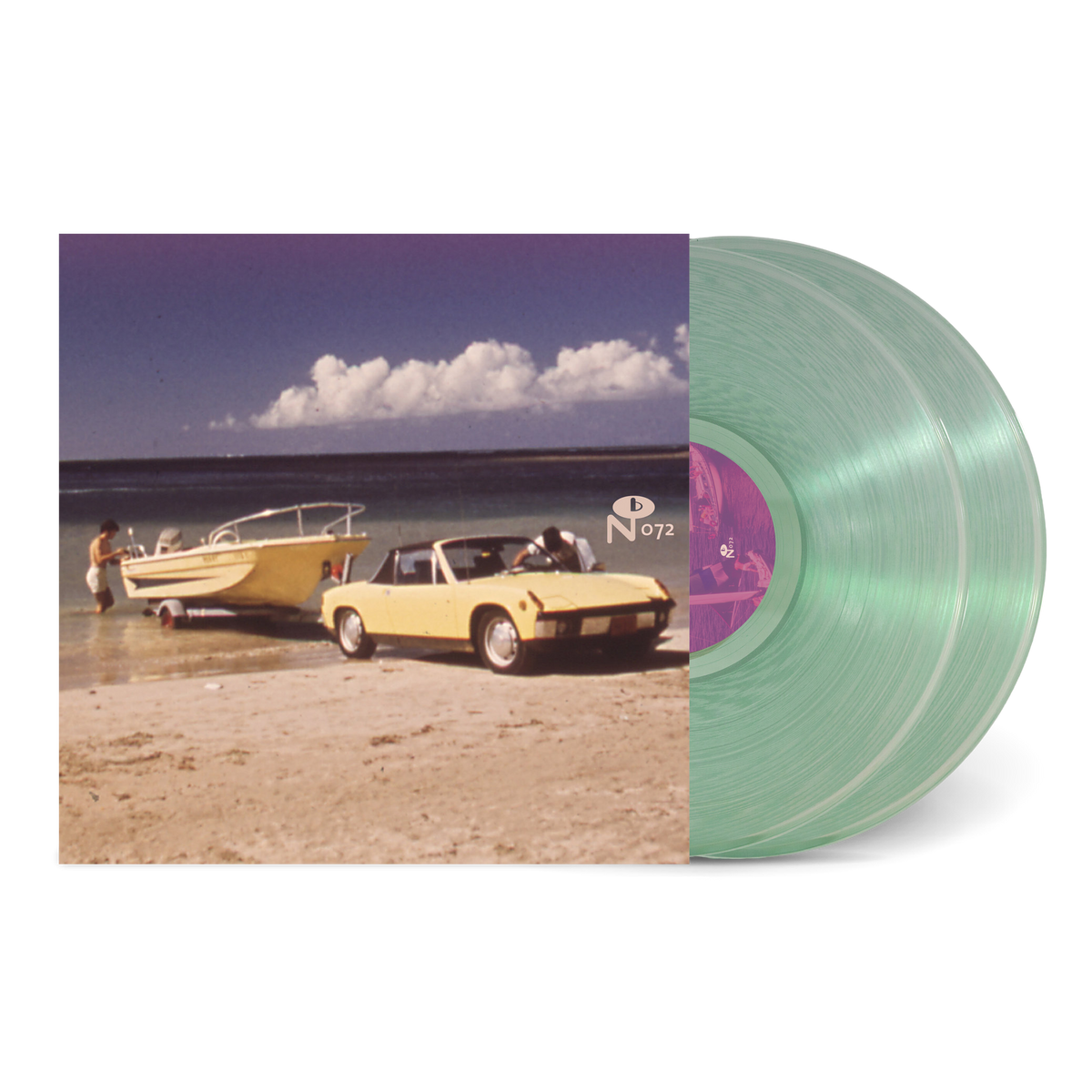 Vintage yellow car towing boat on beach with calm ocean background on Private Yacht album cover vinyl