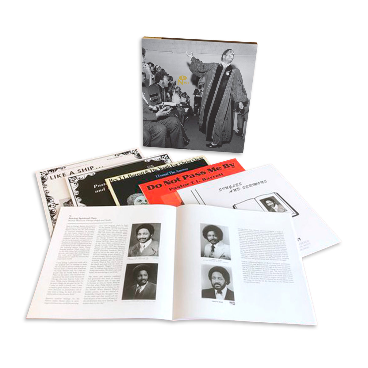 Open booklet and vinyl records with black and white cover standing featuring "I Shall Wear A Crown" album artwork